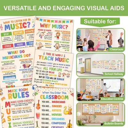 Lalunia 6 Pcs Music Classroom Posters (11"x16") - Why Music Classroom Rules Posters for Bulletin Board Decorations, Teacher Supplies, Musical Education Decor for Elementary Middle School
