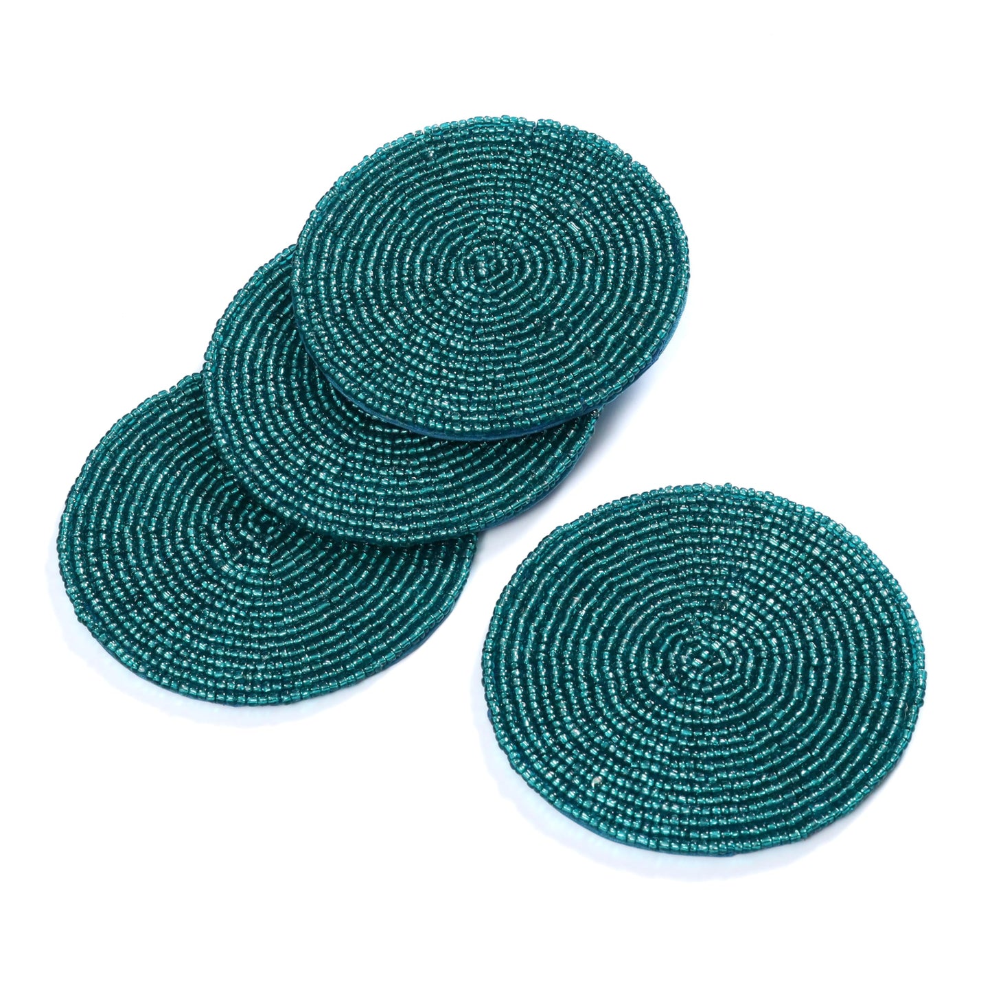 Handmade Beaded Bar Drink Tabletop Protection Coasters - Set of 4 - Halloween Harvest Autumn Fall Thanksgiving Holiday Christmas Xmas Celebration Festive Party 4" Round - Solid Teal