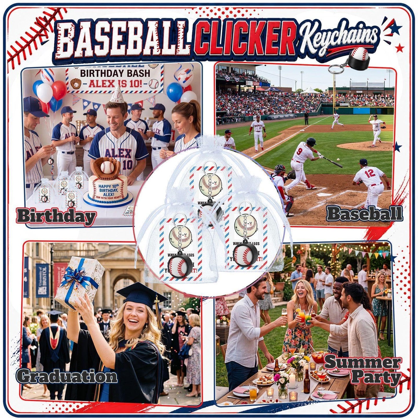 Junkin 12 Set Baseball Fidget Clicker Keychain Gifts 3D Printed Baseball Sensory Clicker Keychain with Inspirational Cards Anxiety and Stress Relief for Graduation Sports Team Adults Party Decorations