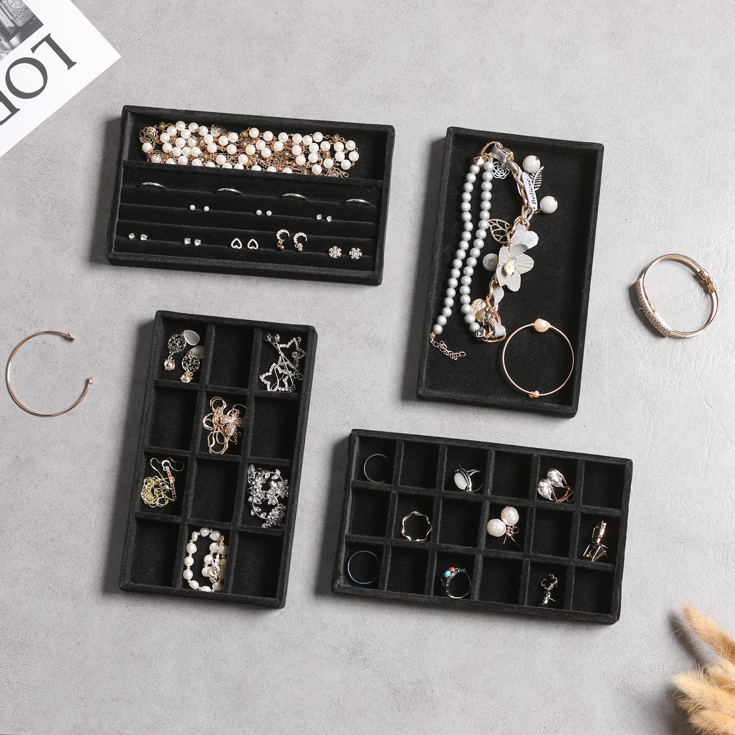 Frebeauty Jewelry Organizer Tray,Stackable Velvet Jewelry Trays,Drawer Inserts Earring Organizer For Women Jewelry Storage Display Case for Rings Stud Necklaces,Set of 4(Black)