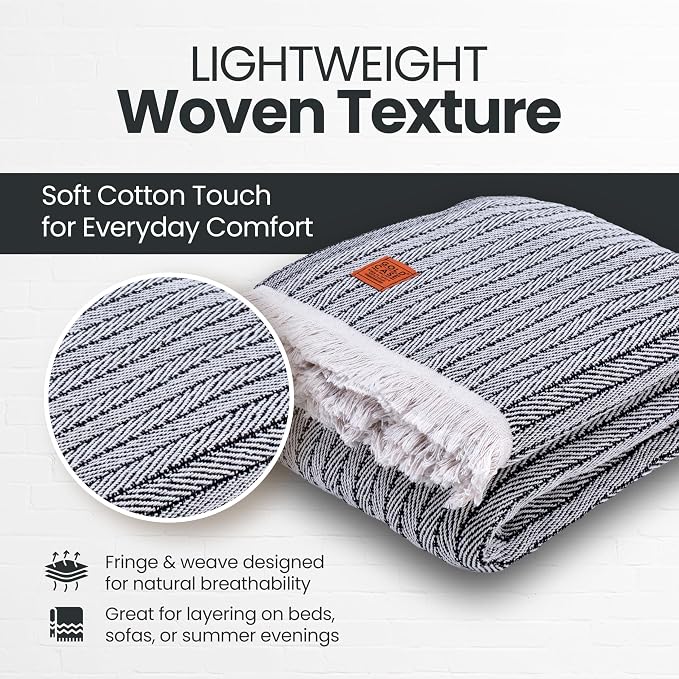 Gold Case Throw Blanket for Bed - 100% Recycled Turkish Cotton Blanket - Vintage Lightweight Soft Throw Blankets for Bed & Living Room - Queen Size Cozy Blankets - 90x90 - Black