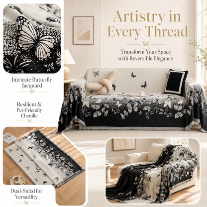 UWWGKK Chenille Couch Cover Reversible Butterfly Pattern Large Sofa Blanket