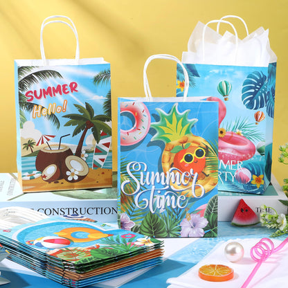 MIMIND Summer Beach Party Paper Bags with Tissue Paper 48 Pack Pool Kraft Goodie Candy Gift Treat Bags with Handles for Summer Luau Tropical Beach Party Favors Supplies