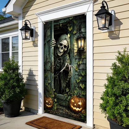 NYZE Halloween Skeleton Front Door Cover Banner, 35.4 x 70.8 Inch Pumpkin Vertical Hanging Door Backdrop, Indoor Outdoor Halloween Party Photography Decorations