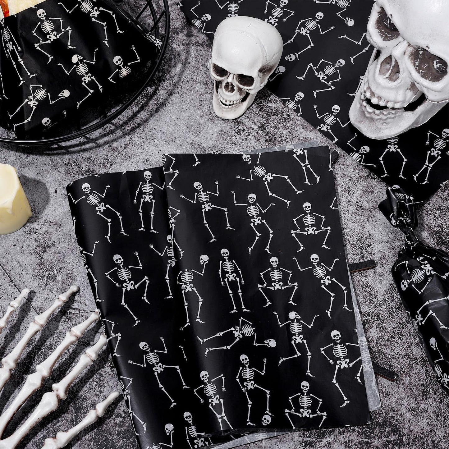 JarThenaAMCS 240Pcs Halloween Skeleton Wax Paper Sheet Black White Skeleton Deli Paper Food Wrapping Paper Waterproof Oil Proof Paper Liners for Party Picnic Kitchen Baking Supplies, 9.8 x 8.3 Inch