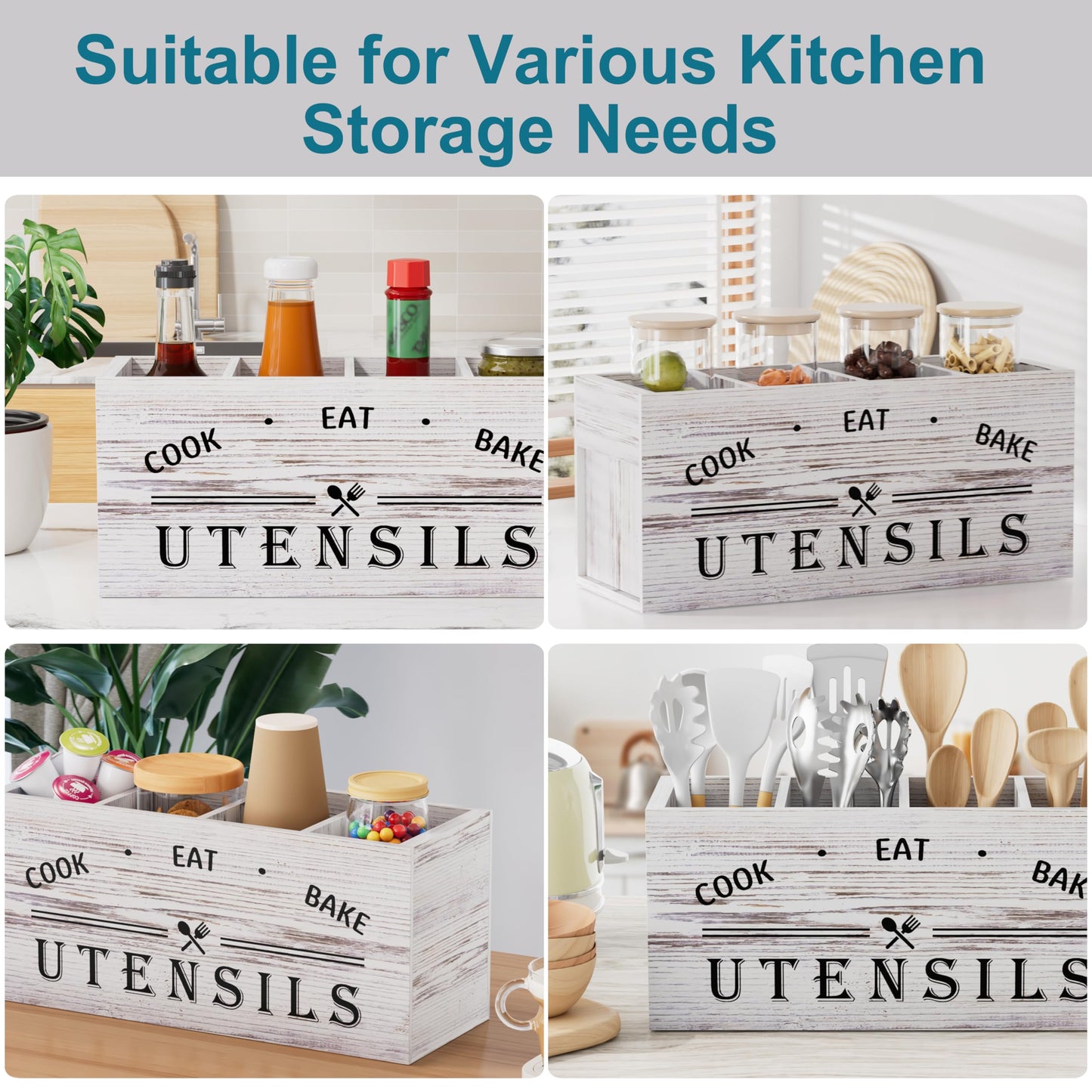 ZUJJAFY Utensil Holder for Kitchen Counter, Large Kitchen Utensil Holder for Countertop with 4 Compartments, Wooden Cooking Utensil Organizer for Spatula Storage, White