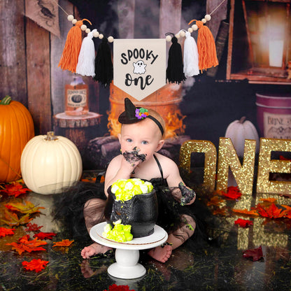 WAOUH Halloween 1st Birthday Decorations - Spooky One High Chair Banner,Cake Smash Halloween Spooky Banner,Ghost First Birthday High Chair Tassel Banner,Spooky Baby Birthday Photo Props