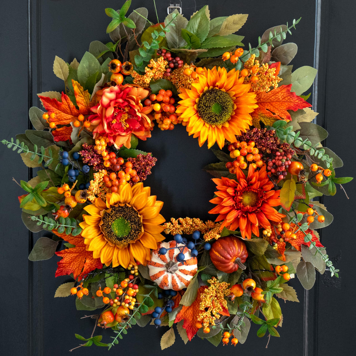 Fall Wreaths for Front Door – 24 Inch Autumn Wreath with Pumpkins, Sunflowers, Berries & Maple Leaves – Fall Door Wreath for Outdoor Thanksgiving, Halloween & Harvest Decor