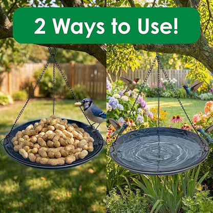 Blue Ceramic Bird Bath Bowl - Hanging Bird Baths for Outdoors - 12-Inch Glazed Ceramic Bowl with Embossed Bluebird & Flower Design - Metal Chain & Hook