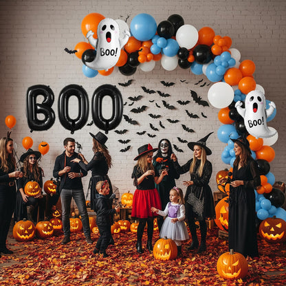 Halloween Balloon Garland Arch Kit - 114Pcs Black Blue Orange Balloons with Ghost Bat Boo Foil Balloons for A Little Boo Is Almost Due Baby Shower, Spooky Theme Indoor Outdoor Party Decorations
