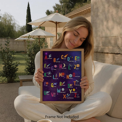 ZUKIY Alphabet Space Learning Poster - Space Alphabet Poster for Kids - Outer Room Decor - Abc Solar System Print for Toddler Boys or Girls Bedroom Nursery Classroom Homeschool Wall Art 8x10 Unframed