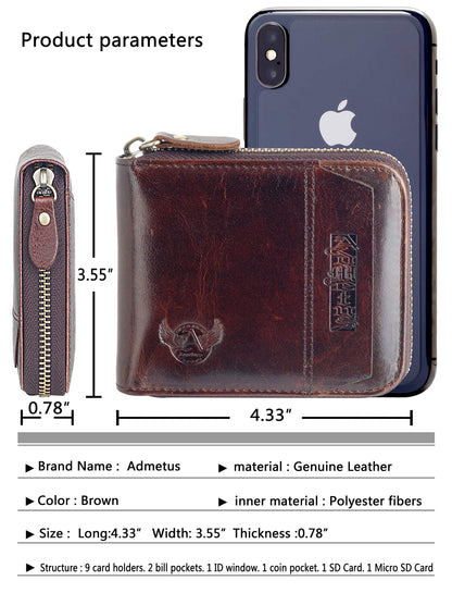 Admetus Men's Genuine Leather Short Zip-around Bifold Wallet (brown)