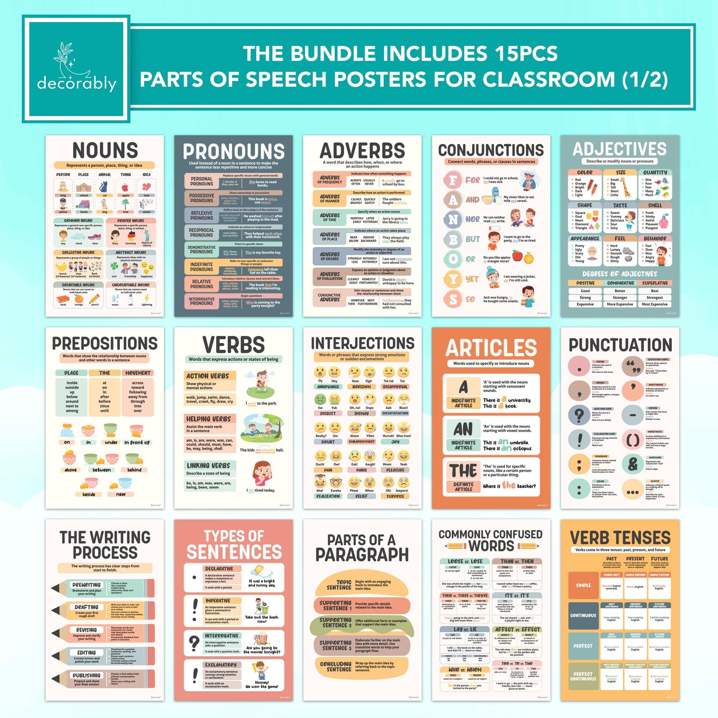 Decorably Parts of Speech Posters and High School Math Posters for Classroom