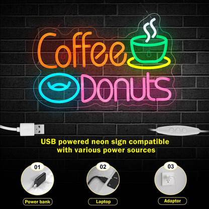 Hoyoelec Coffee and Donuts Neon Sign for Wall Décor Dimmable LED Neon Light USB Powered Neon Art Signs Decor