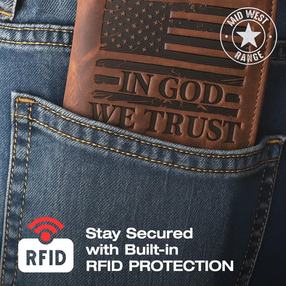 American Flag Long Wallet for Men - Western Wallets for Men with ‘IN GOD WE TRUST’ – Distressed Full Grain Leather – RFID Blocking Long Bifold Cowboy Wallet – Patriotic Father's Day (7 Inches)