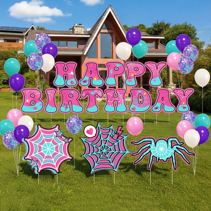 Soulchen 78 Pcs Spider Happy Birthday Party Decorations 13'' Spider Yard Signs with 60 Latex Balloons Decor Happy Birthday Letter Lawn Signs with Stakes for Outdoor Yard Lawn