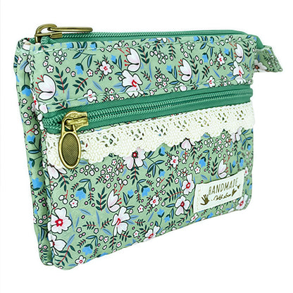 GUXL Women Small Zipper Coin Purse, Handmade Fabric Flower Embroidered Change Pouch, Cotton Double Zipper Wallet
