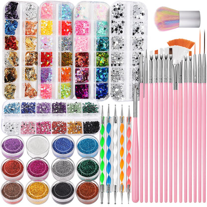 FANDAMEI Nail Art Kit, Nail Art Brushes Set, Nail Design Kit Dotting Tools, Fine Nail Glitter, Nail Decoration Butterfly Heart Glitter Sequins, Foil Flakes, Nail Rhinestones, Dust Brush