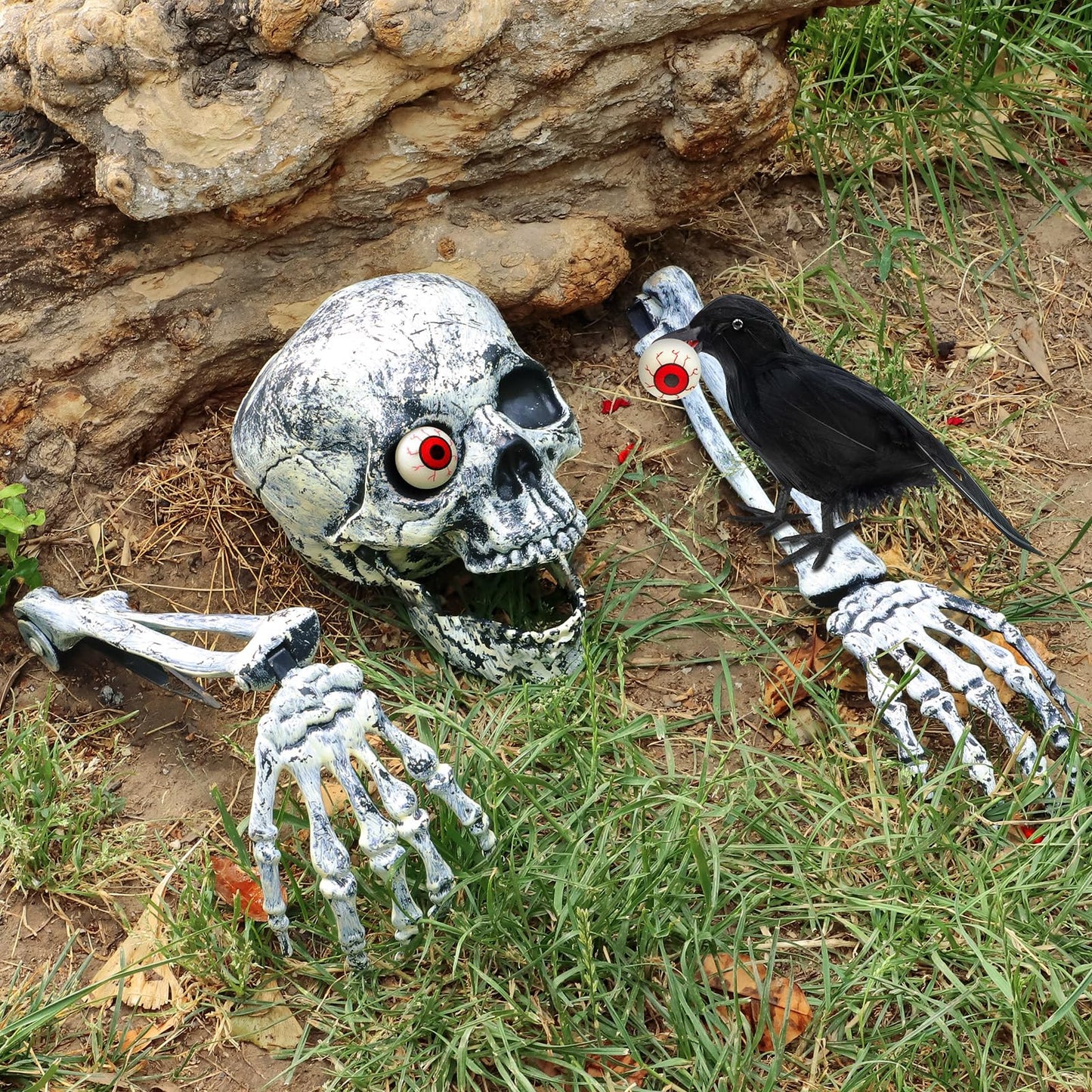 Skeletons Halloween Decorations Outdoor, Realistic Skeleton Hands and Head with Crow and Red Eyes for Graveyard Yard Lawn Garden Decoration