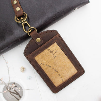 Badge Holder: Boshiho Cowhide Leather ID Badge Card Holder with 19" Neck Lanyard, Vertical Style (Dark Brown)