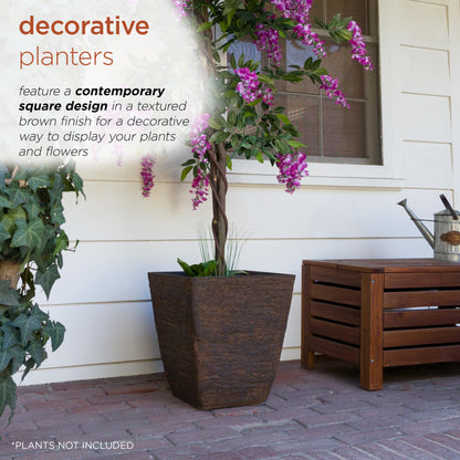 Alpine Corporation Indoor Outdoor Textured Stone Look Squared Planters, Medium, Large - Set of 2