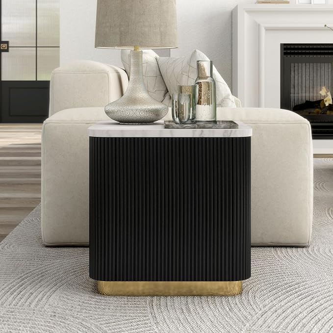 Furniture of America Beryl Modern Square White Genuine Marble Top End Table with Fluted Pedestal Base and Gold Stainless Steel Accent, Low Profile Table for Living Room, Home Office, Black