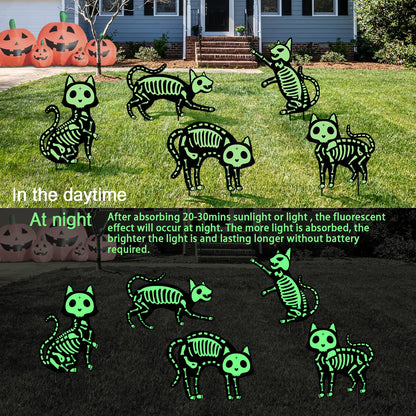 Outdoor Halloween Decorations Yard Signs - 5pcs Glow in The Dark Skeleton Black Cat Silhouette Lawn Signs with Stakes for Halloween Lawn Garden Front Yard Decorations Outside