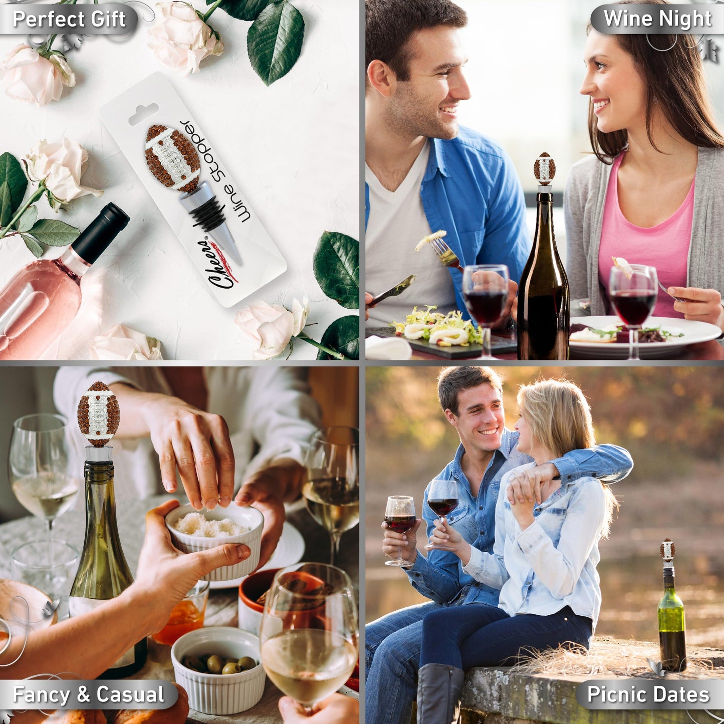 Cheers Silver Football Wine Bottle Stopper with Rhinestone Crystals - Cute Sparkling Sports Seal Topper for Wine Bottles, Unique Bar Gifts for Women and Men
