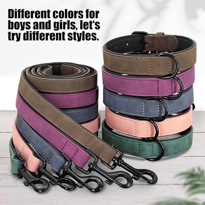 Didog Soft Padded Leather Dog Collar and Leash Set, Adjustable Dog Leash and Collar Set with Metal Buckle, Breathable Dog Collars with 4FT Leather Dog Leash for Small Medium Large Dogs, Brown, L