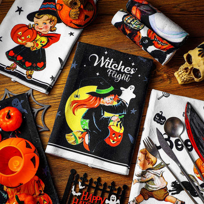 FuWeave 6 Pcs Halloween Kitchen Towels Absorbent Horrible Witch Ghost Pumpkin Bat Hand Dish Cloth Retro Decorative Funny Tea Towel for Halloween Home Gift Decor