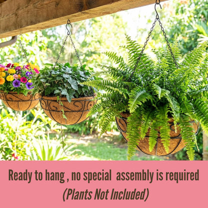LaLaGreen Hanging Planter for Outdoor Plants (18 Inch, 2 Pack) Black Hanging Baskets with Coco Liner, Also Available in 8/12/14/16/18/20 Inch and Different Shapes Balcony Porch Farmhouse Country Decor
