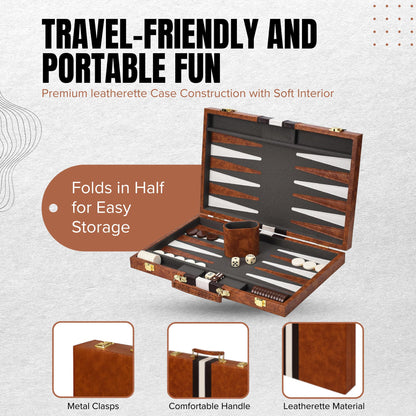 Premium Backgammon 18 Inches Large Brown - Backgammon Sets for Adults and Kids - Leatherette Back Gammon Board Game Set - Travel Backgammon Set Board Encased with Accessories