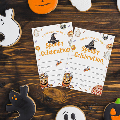 SIXEIGHT Cute Halloween Party Invitations, Funny Ghost Pumpkin Halloween Invitations for Boys Girls, 25 Pack Cute Invite Cards with Envelopes, Wedding Birthday Baby Shower Party Decorations-E10