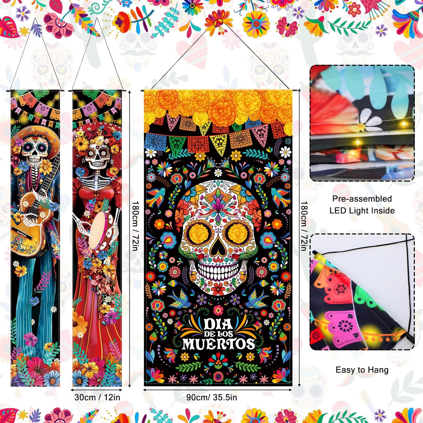 VitalCozy 3 Pcs Day of the Dead Decorations Dia De Los Muertos Door Cover with LED Lights Mexican Dia De Los Muertos Altar Party Porch Sign Halloween Sugar Skull Door Banner Backdrop for Fiesta Party