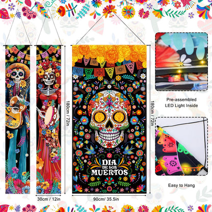 VitalCozy 3 Pcs Day of the Dead Decorations Dia De Los Muertos Door Cover with LED Lights Mexican Dia De Los Muertos Altar Party Porch Sign Halloween Sugar Skull Door Banner Backdrop for Fiesta Party