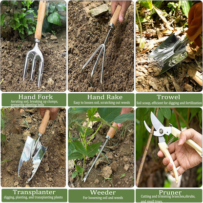 Beswill 14 PCS Garden Tool Set with Soil Moisture Meter, Stainless Stell Heavy Duty Gardening Hand Tools with Wood Handle, Tote Bag, Repotting Mat, Gardening Tool Set Ideal Gift for Women and Men