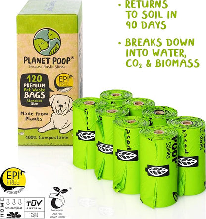 PLANET POOP Home Compostable Dog Poop Bags on Refill Rolls, 120 Un-Scented Pet Waste Bags, Thick Leakproof Plant-Based Doggy Bag, Cat & Dogs Supplies