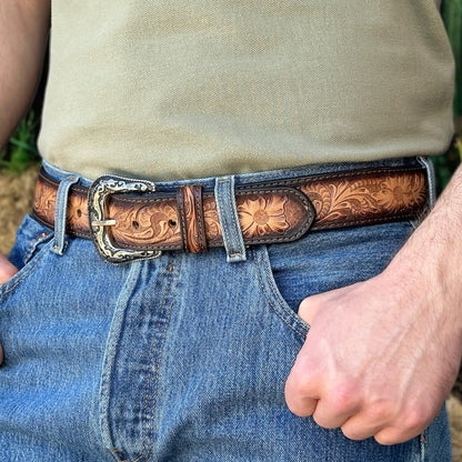 DANIEL'S ARTPLANET Western Belt for Men Full Grain One Piece Leather Belt Tooled Handmade with Buckle Engraved 1.5” Wide (34)