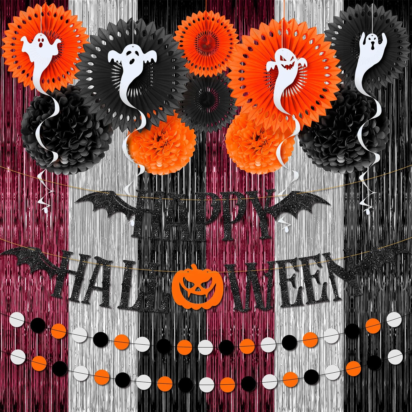 KatchOn, Halloween Banner & Fringe Set-Pack of 23 | Paper Fan Glittery Happy Halloween Garlands, Ghost Hanging Swirls with Burgundy Black and Silver Foil Fringe Curtains | Perfect for halloween Party