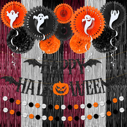 KatchOn, Halloween Banner & Fringe Set-Pack of 23 | Paper Fan Glittery Happy Halloween Garlands, Ghost Hanging Swirls with Burgundy Black and Silver Foil Fringe Curtains | Perfect for halloween Party