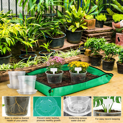 QTRQTR 12 Pack 5.75/7/8/10 Inch Large Clear Nursery Pots with Drainage Clear Plastic Pots for Plants Seedling Flower Vegetables Orchids Indoor Outdoor Gardening with Repotting Mat and Plant Labels