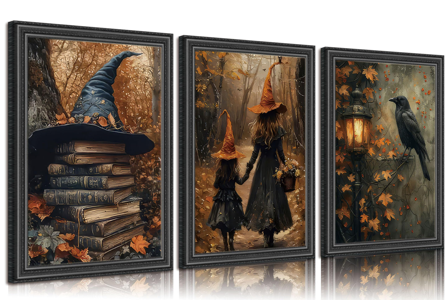 3pcs Halloween Canvas Wall Art Autumn Gothic Witch Books Crow Posters Prints Dark Academia Witch Wall Decor Pictures for Halloween Party House Decoration Unframed