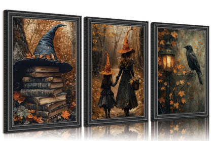 3pcs Halloween Canvas Wall Art Autumn Gothic Witch Books Crow Posters Prints Dark Academia Witch Wall Decor Pictures for Halloween Party House Decoration Unframed