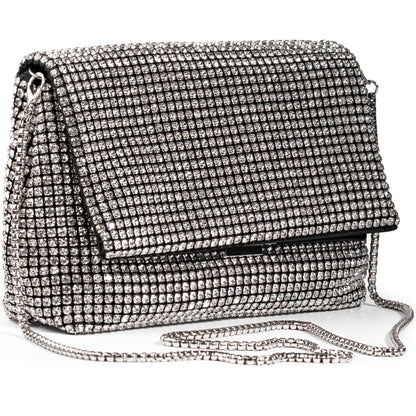 SARA DESIGNS Luxury Crystal Rhinestone Envelope Clutch Bag - Sparkly Silver Evening Purse for Weddings, Galas, and Formal Events - Designer Sparkle Pouch with Detachable Chain