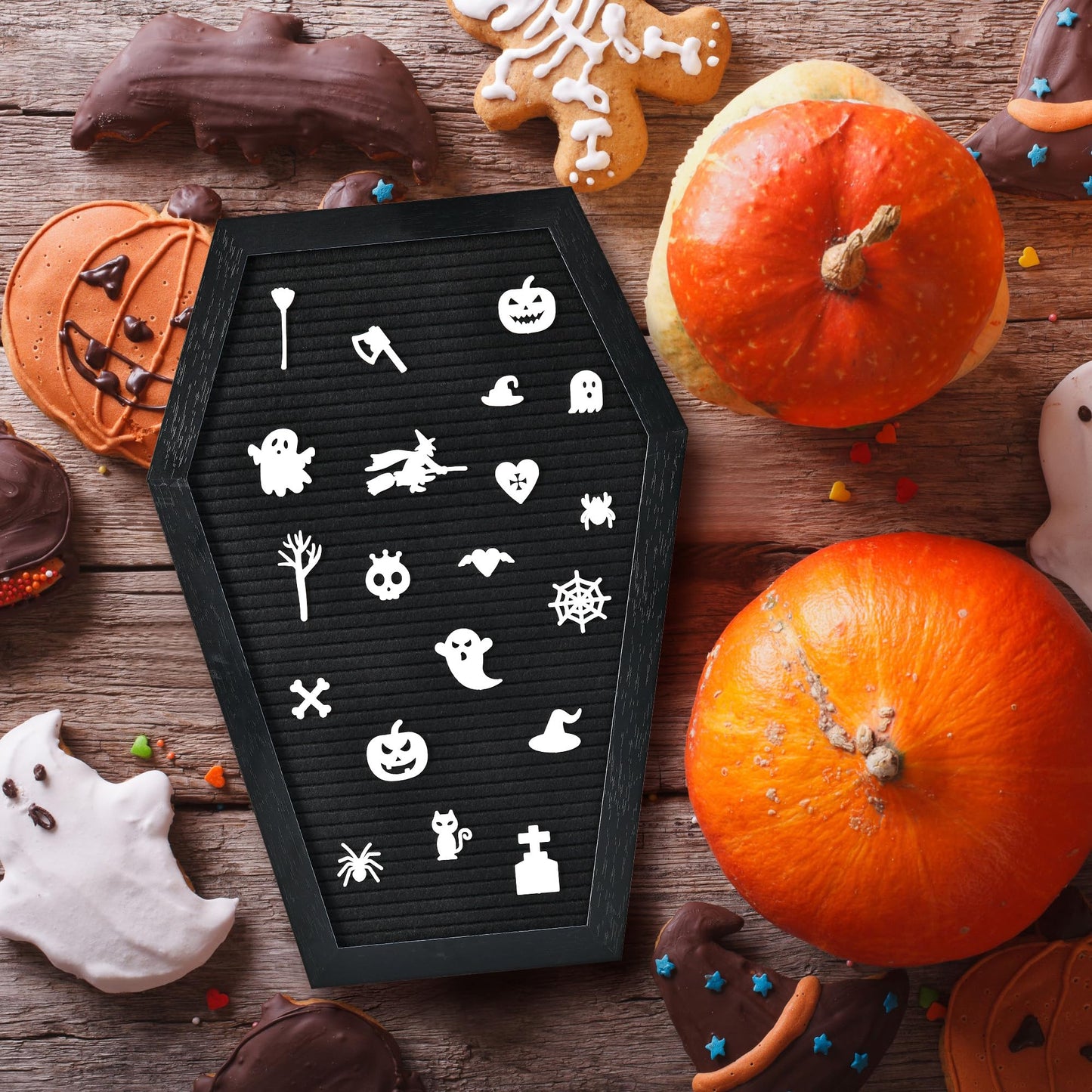 Coffin Letter Board - 520 Characters Spooky Halloween Characters with Wooden Stand and Canvas Bag - 16x11 Inches - Felt Message Board for Home Office Halloween Supplies & Decor (Black)