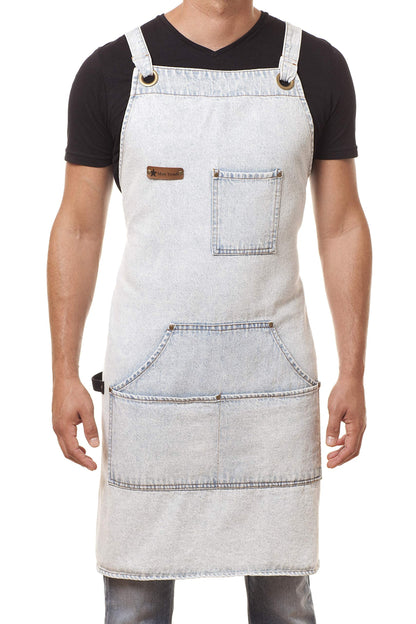 ARAWAK BRAVE Distressed Denim Apron Chef Kitchen BBQ Grill Light Blue Towel Loop + Quick Release Buckle + Tool Pockets Adjustable M to XXL
