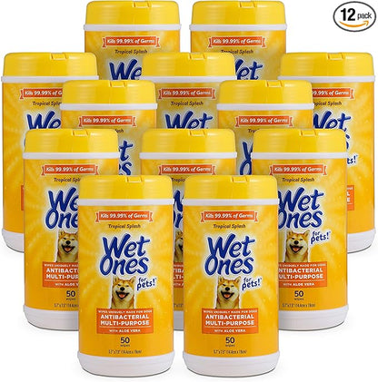 Wet Ones for Pets Antibacterial Dog Wipes, Multi-Purpose Grooming Wipes with Aloe Vera for Paws, Face & Body, Easy Cleanups Between Baths, Tropical Splash Scent, 5.7 in x 7.5 in, 50 Count - 12 Pack