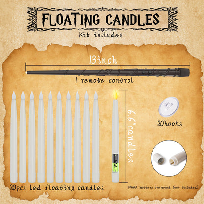 Prerish 20PCS Floating Candles with Wand, Magic Halloween Hanging Candles, Flickering Battery Operated Taper LED Flameless Candles with Wand Remote for Halloween Decorations Gifts Indoor