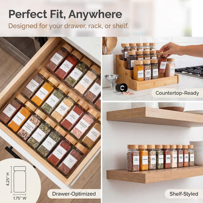 SAVVY & SORTED Glass Spice Jars with Label, 24PK Bamboo Jar Spices Set 4oz, 374 Spice Labels, Pepper Grinder, Empty Herb Seasoning Containers, Funnel and Shaker Lids