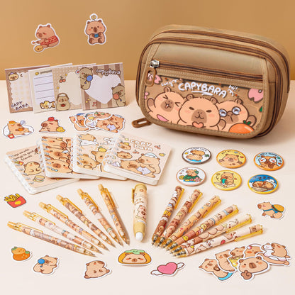 Fimibuke Capybara Backpack for School Girls, 30PCS Capybara Toddler School Supplies Stationery Set with Bookbag Pencil Case Pens Pencils Notebook for Back to School Kindergarten Elementary Student